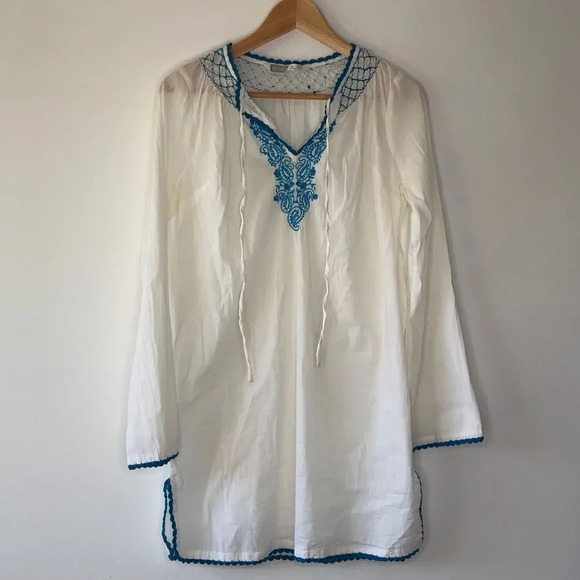Athleta White Turquoise Embroidered Tassel Tunic - Picture 1 of 10